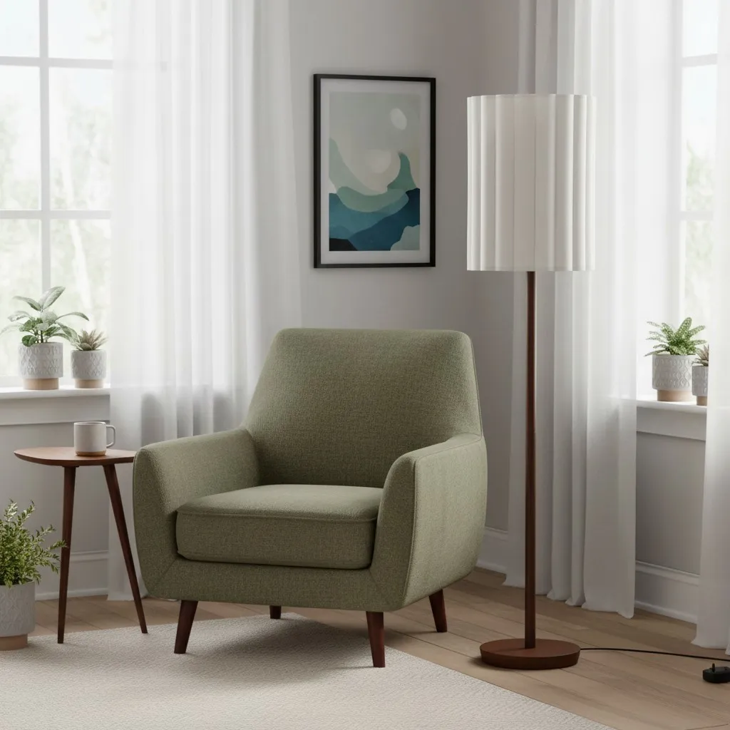 Linbron Walnut Wood Floor Lamp with Fluted Linen Shade - Modern Natural Home Decor T648
