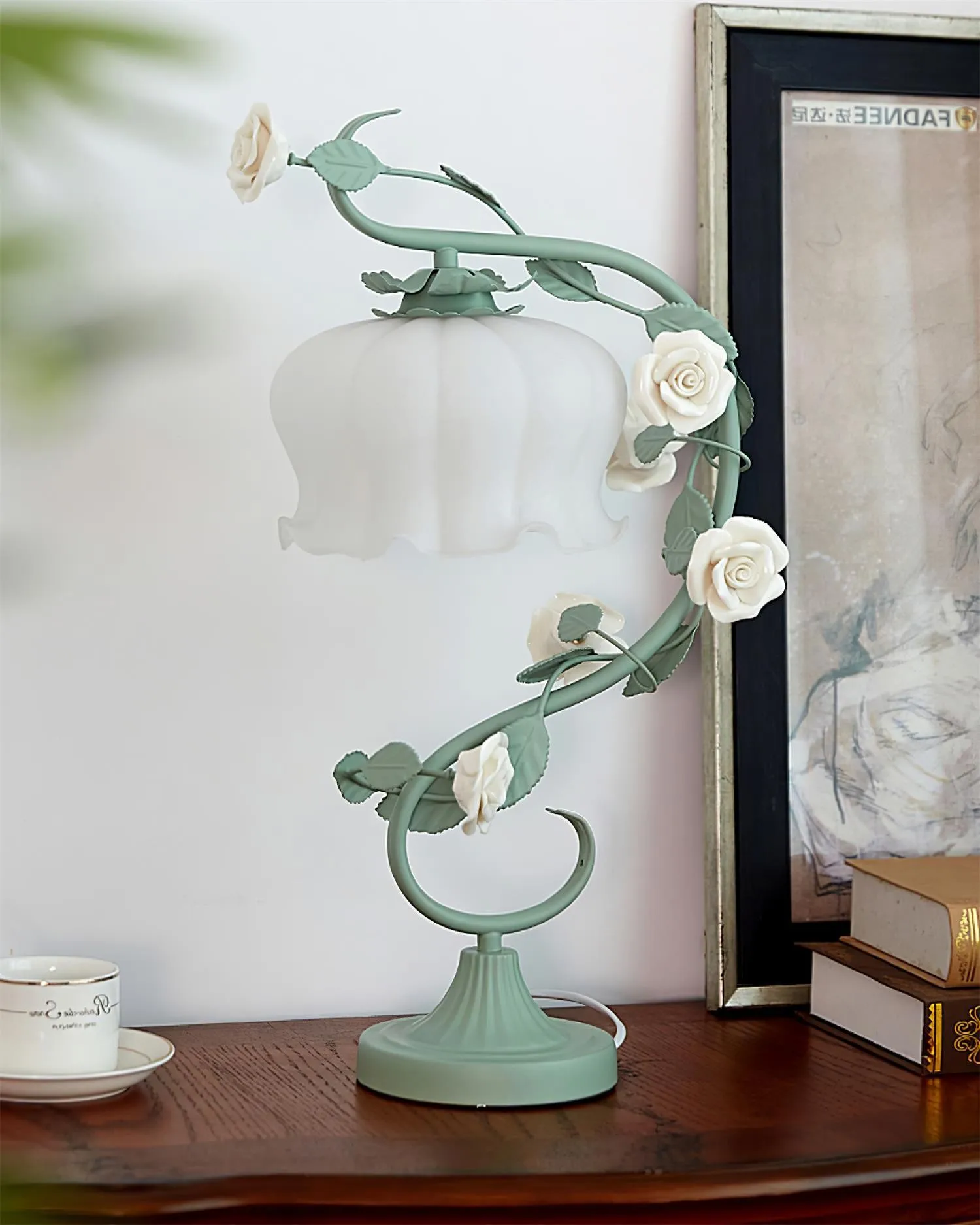 Green Pink White Rose Flower Table Lamp M209
