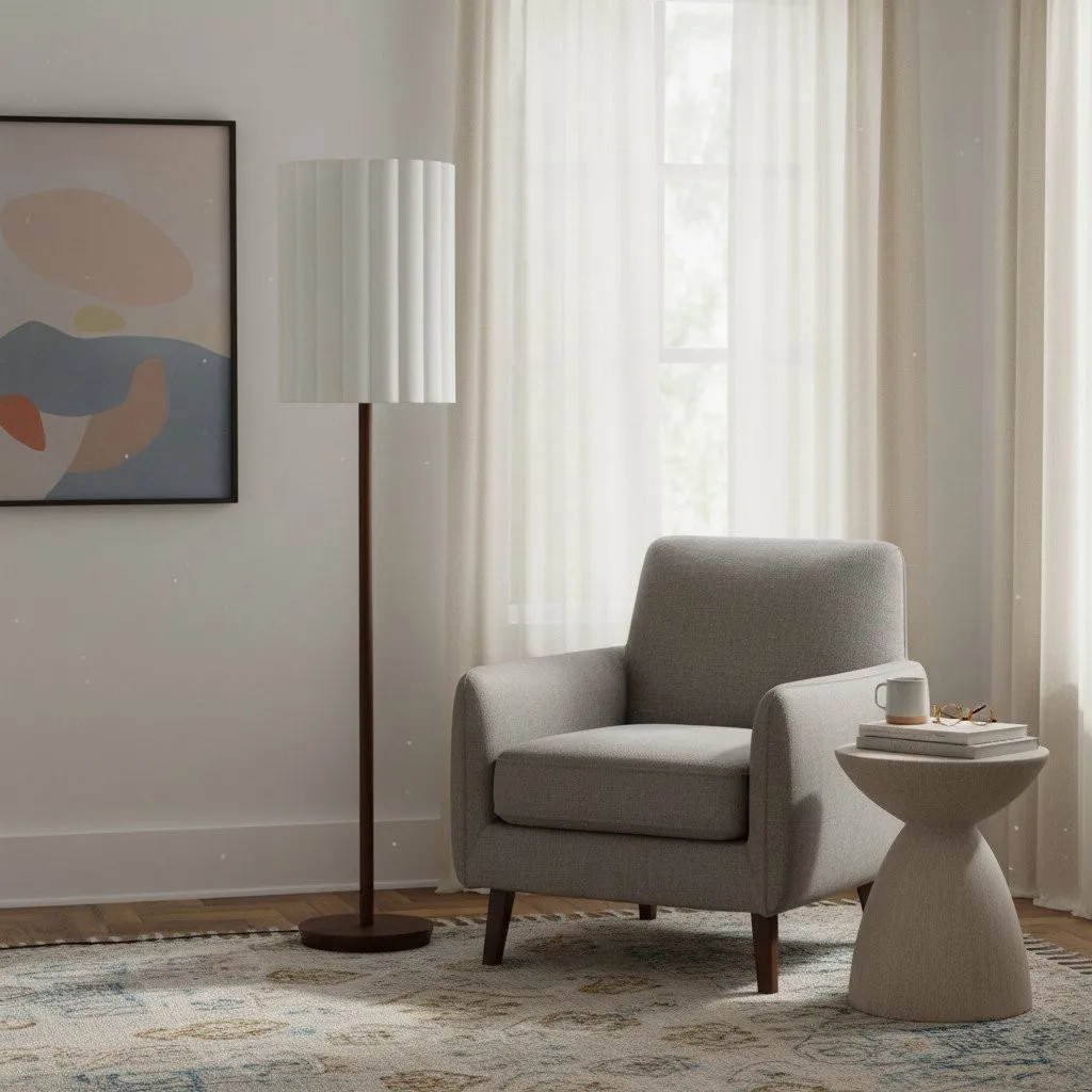 Linbron Walnut Wood Floor Lamp with Fluted Linen Shade - Modern Natural Home Decor T648
