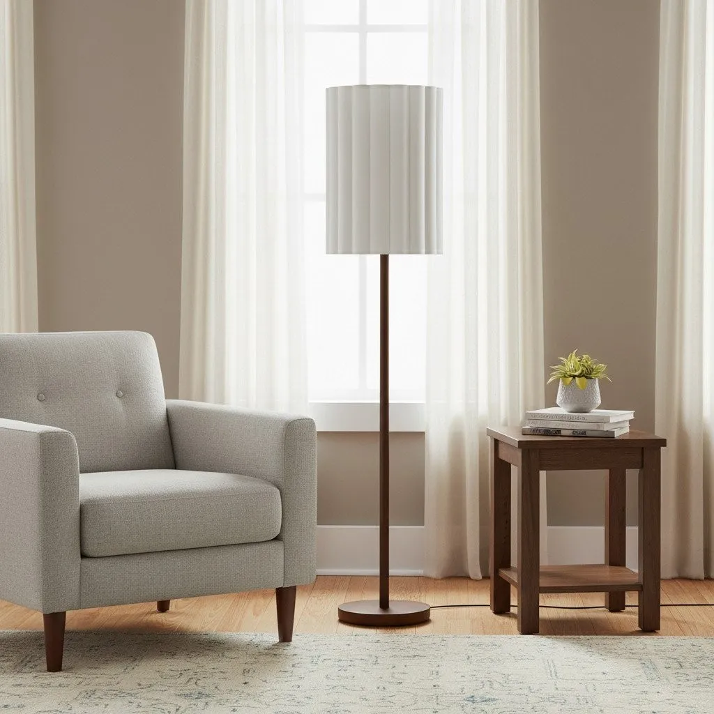 Linbron Walnut Wood Floor Lamp with Fluted Linen Shade - Modern Natural Home Decor T648