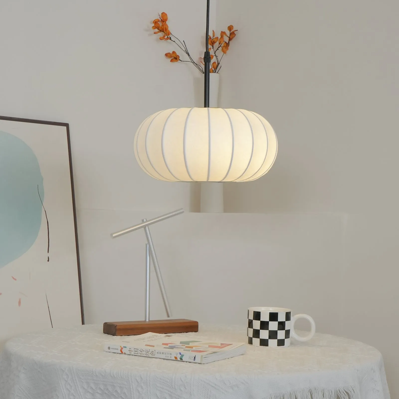 Simple Wabi-sabi White Lantern Fabric Pendant Lamp M105