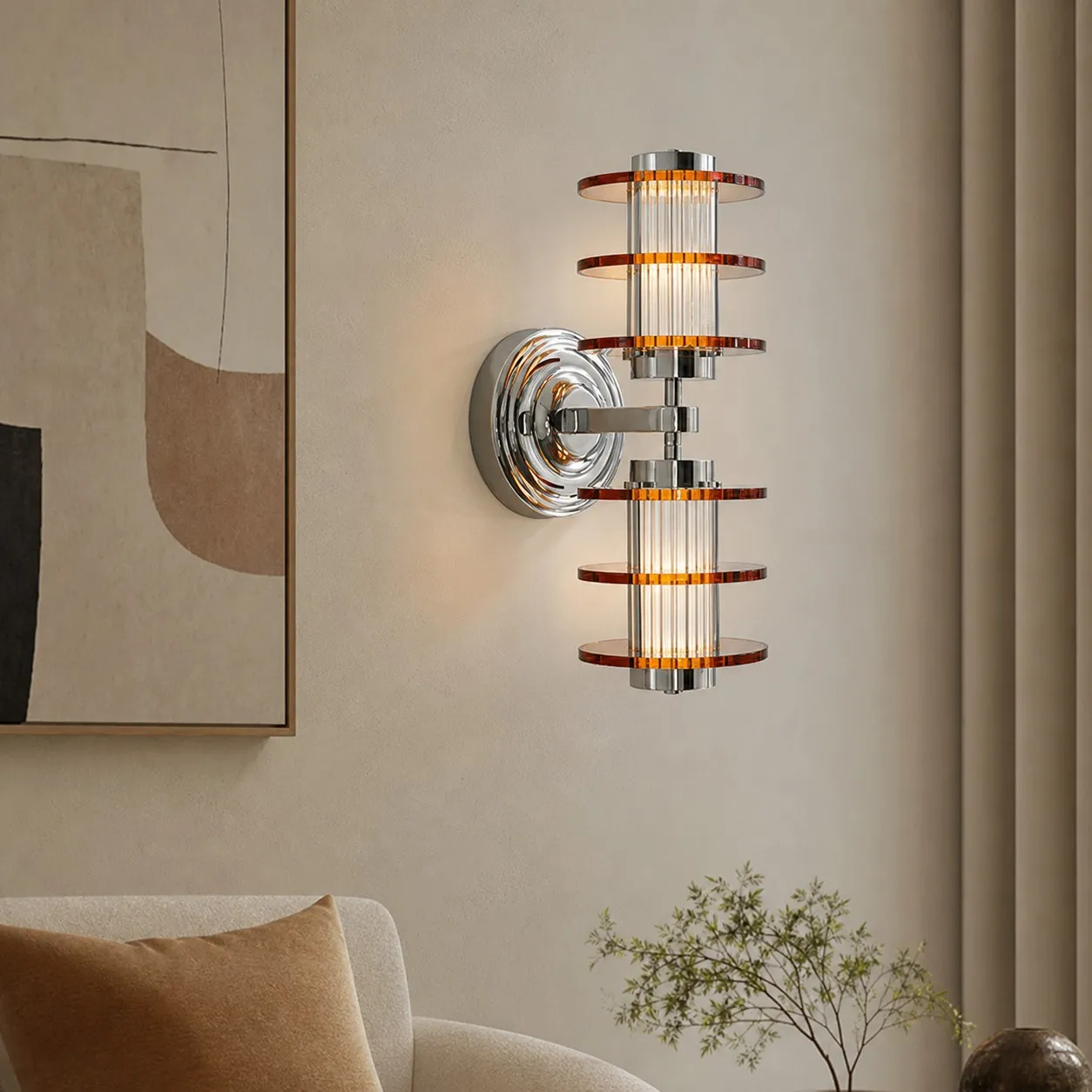 Vertical amber acrylic chrome wall lamp installed in a living room