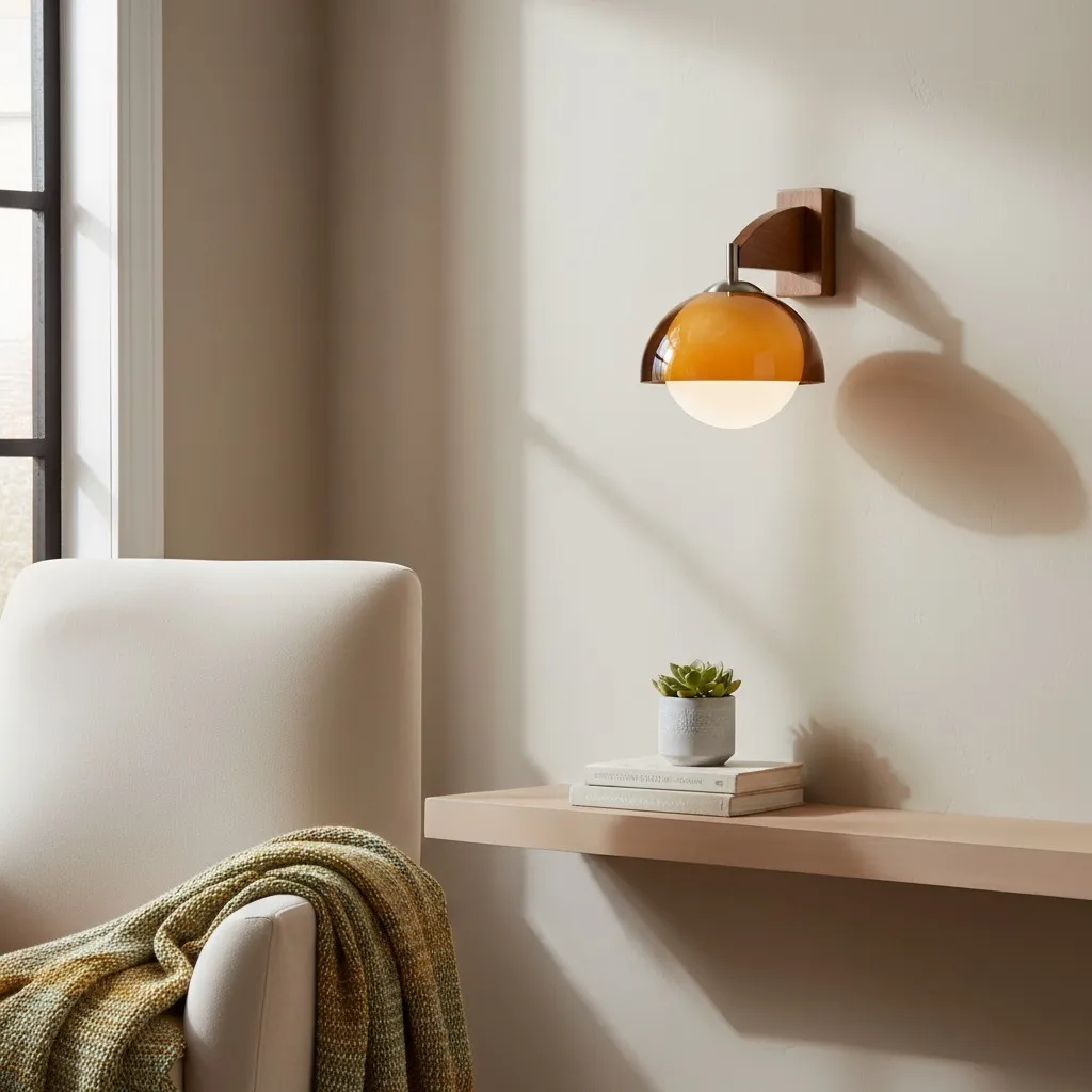 Afterglow Modern Sunset Wall Lamp - Dual Glass Shade Design with Wood-Texture Base T588