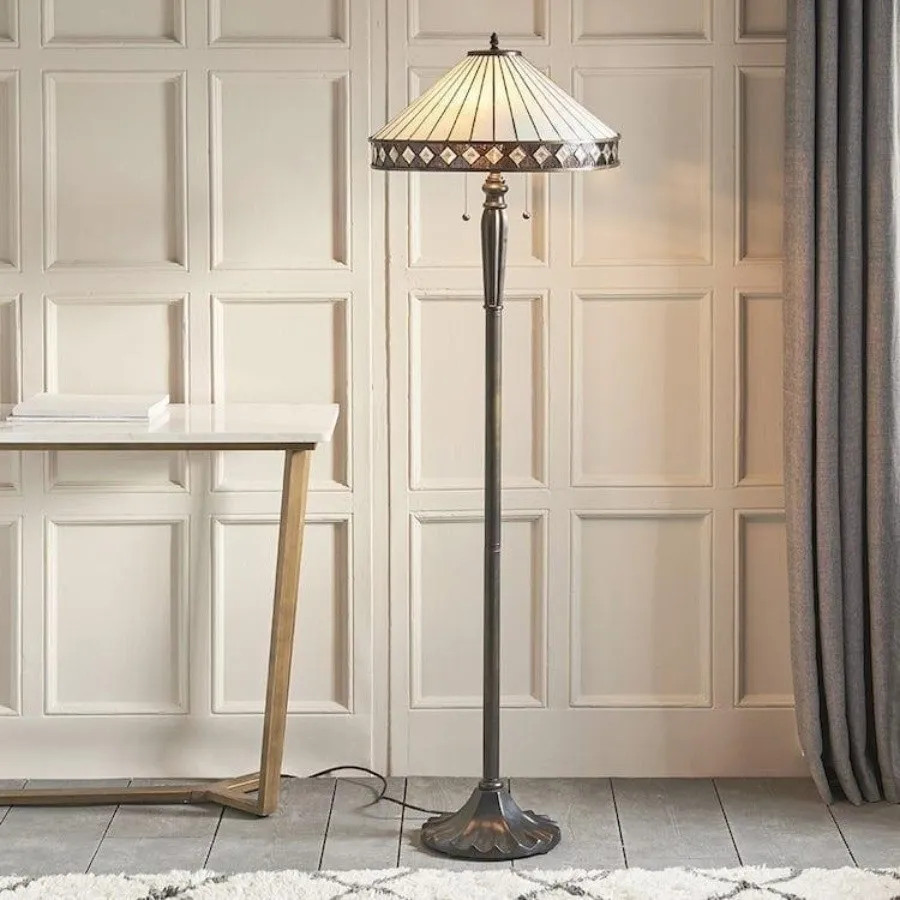 TF Fargo Geometric Tiffany Style Lamp - Amber and Cream Glass Accent Lighting for Bedroom or Study T643