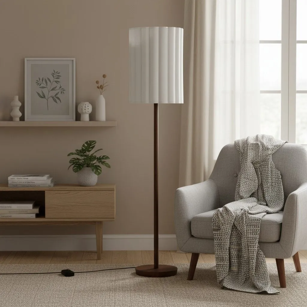 Linbron Walnut Wood Floor Lamp with Fluted Linen Shade - Modern Natural Home Decor T648