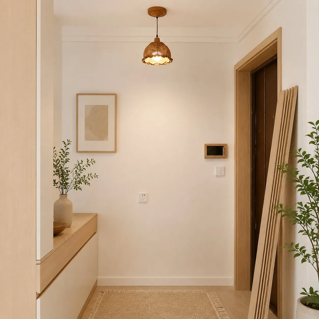 Natural woven pendant light installed in a warm entryway