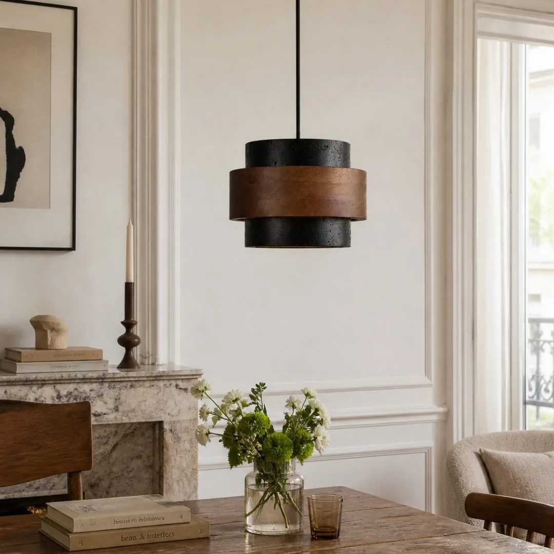 Layered travertine and wood pendant lamp in a refined living space