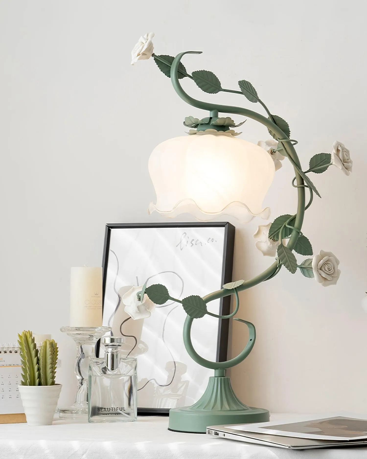 Green Pink White Rose Flower Table Lamp M209