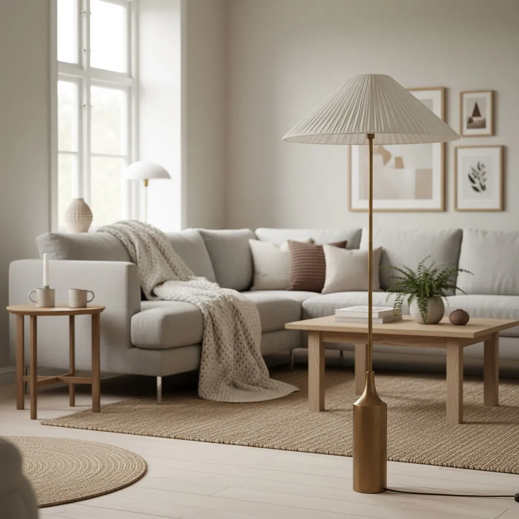 Lindi - aged brass and linen scalloped floor lamp T443