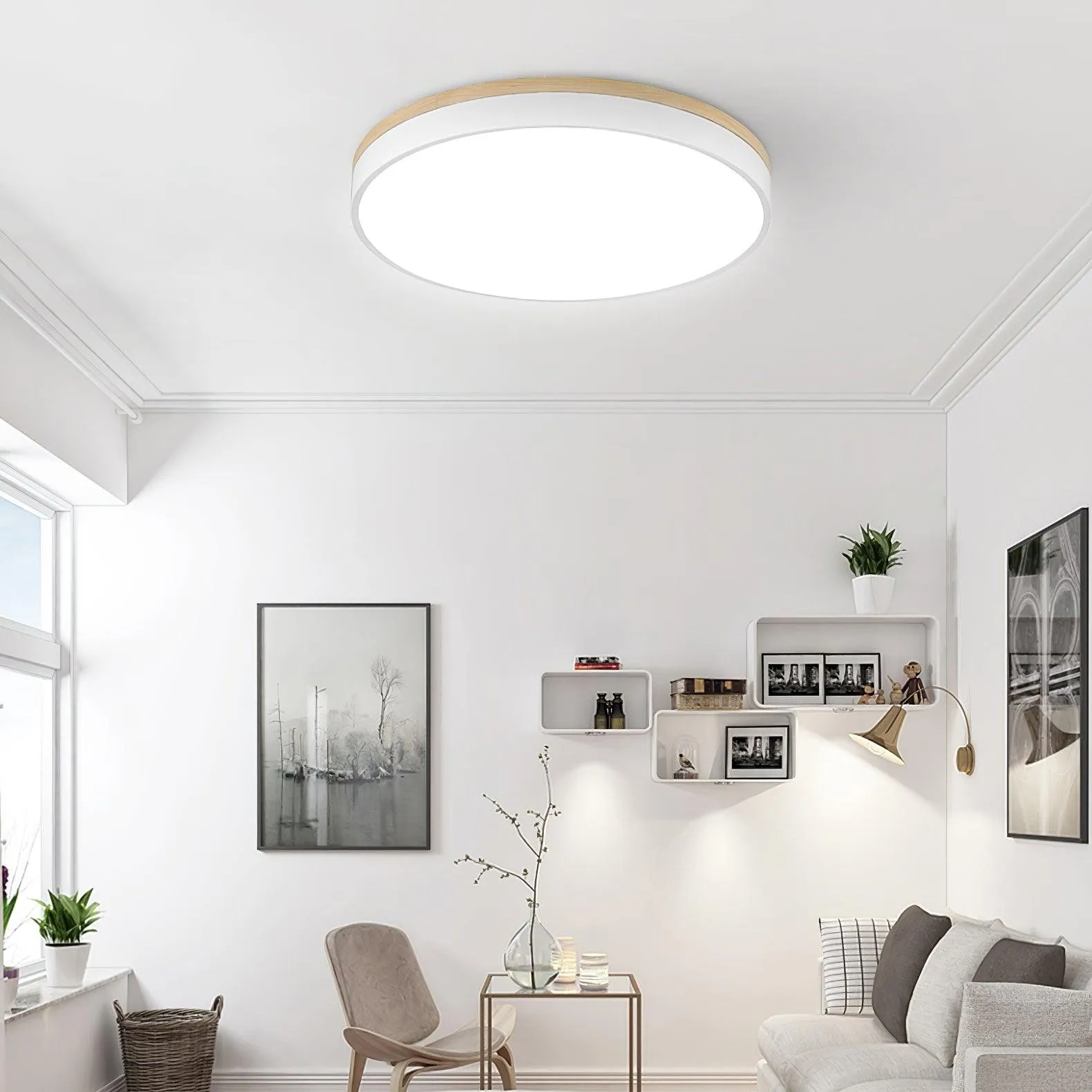 White Round Wooden Ceiling Lamp M298