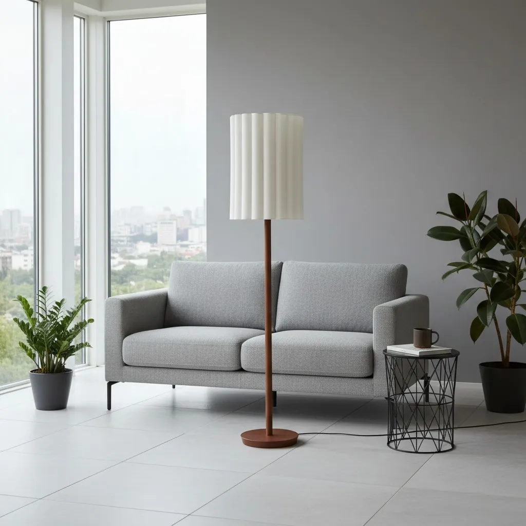 Linbron Walnut Wood Floor Lamp with Fluted Linen Shade - Modern Natural Home Decor T648
