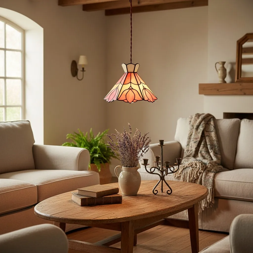 Sevra Floral Stained Glass Pendant Light Tiffany Inspired Hanging Ceiling Lamp for Living Room T564