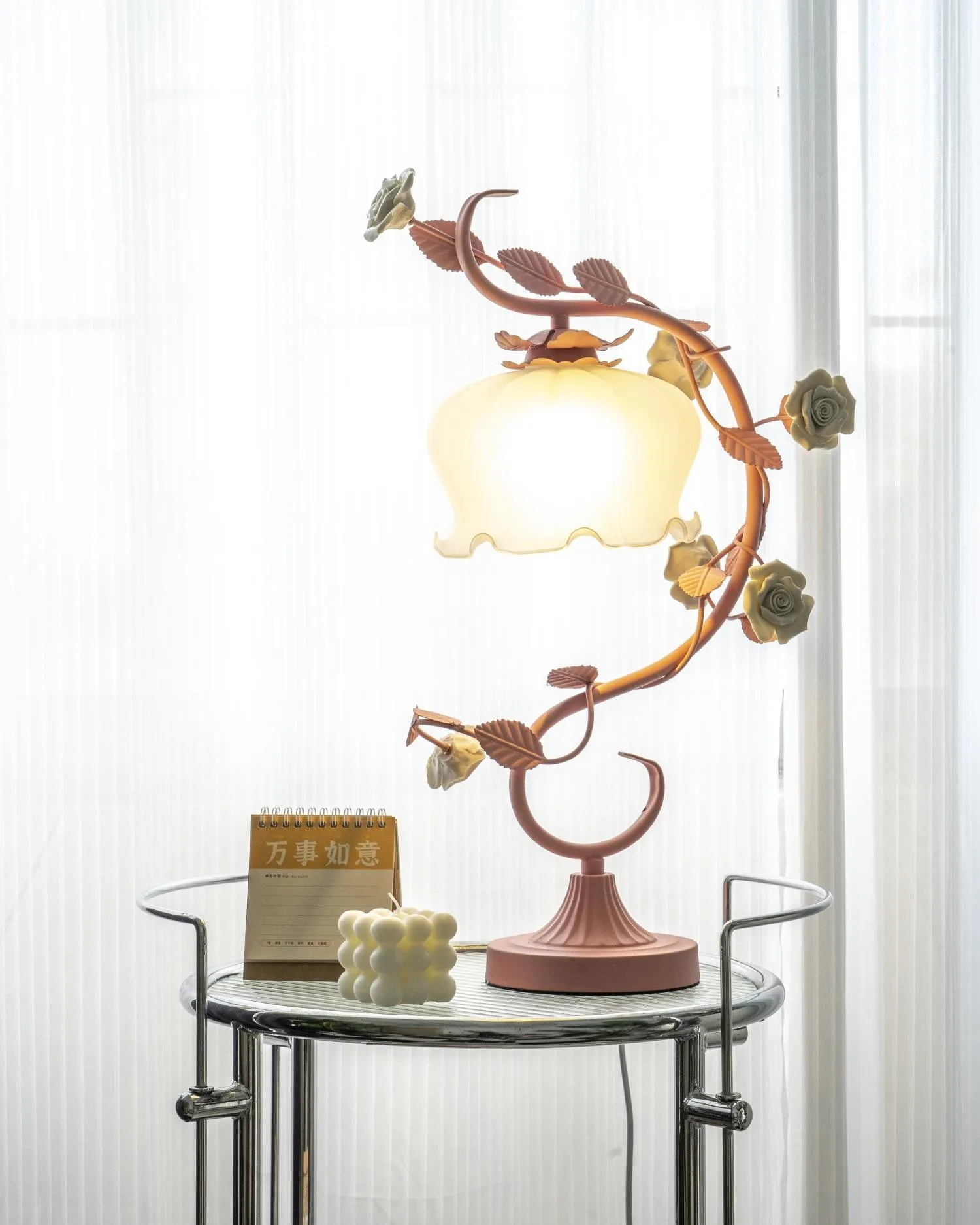 Green Pink White Rose Flower Table Lamp M209