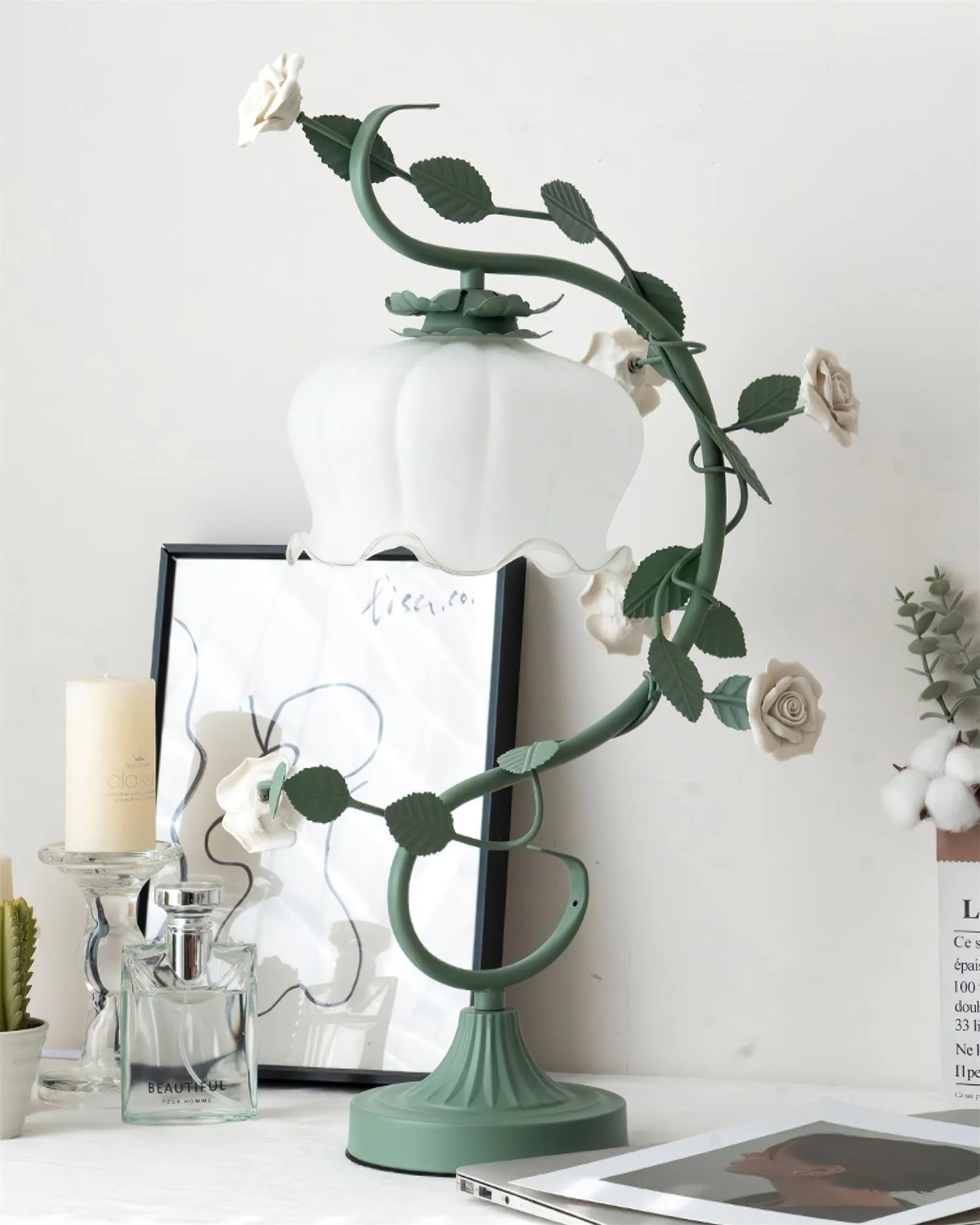 Green Pink White Rose Flower Table Lamp M209