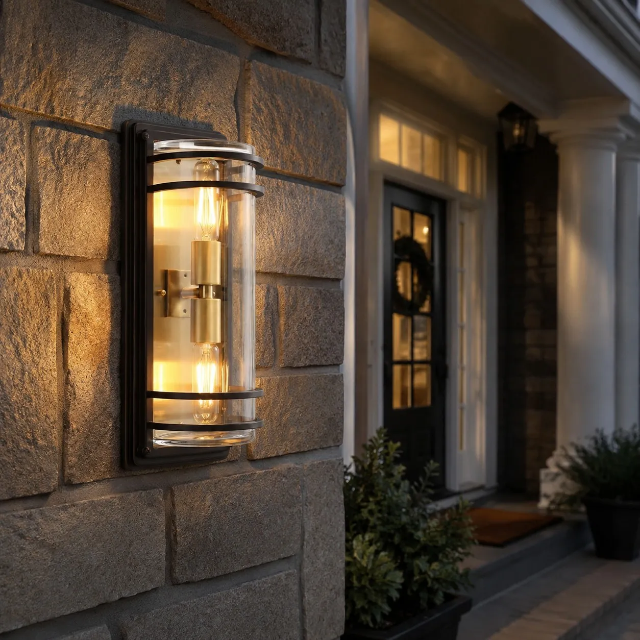 Medium bronze glass outdoor wall sconce glowing on a stone exterior wall