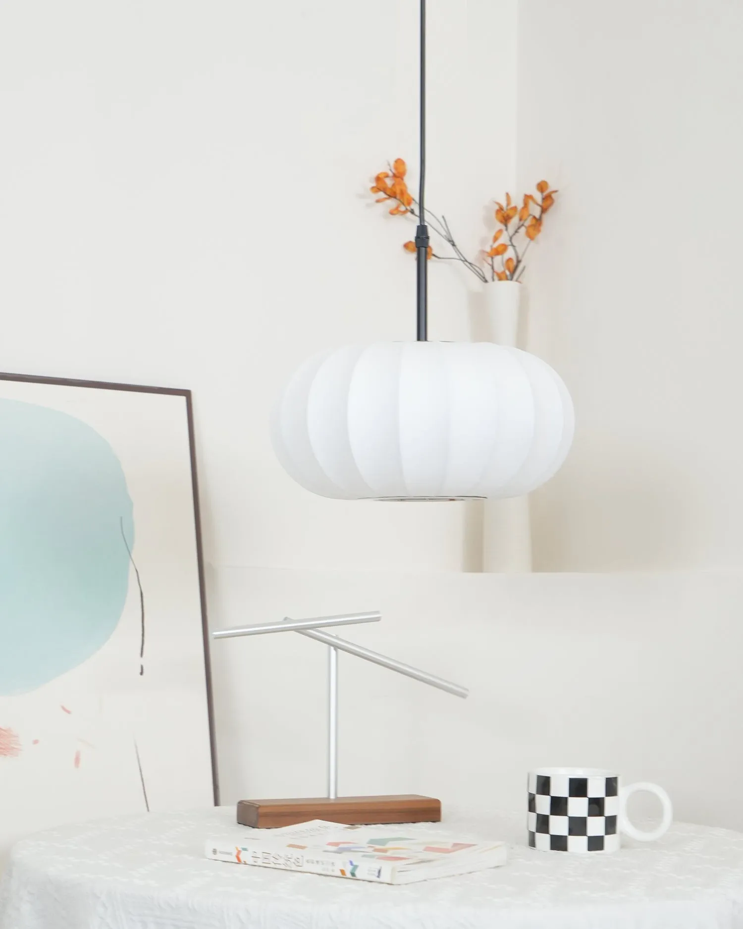 Simple Wabi-sabi White Lantern Fabric Pendant Lamp M105