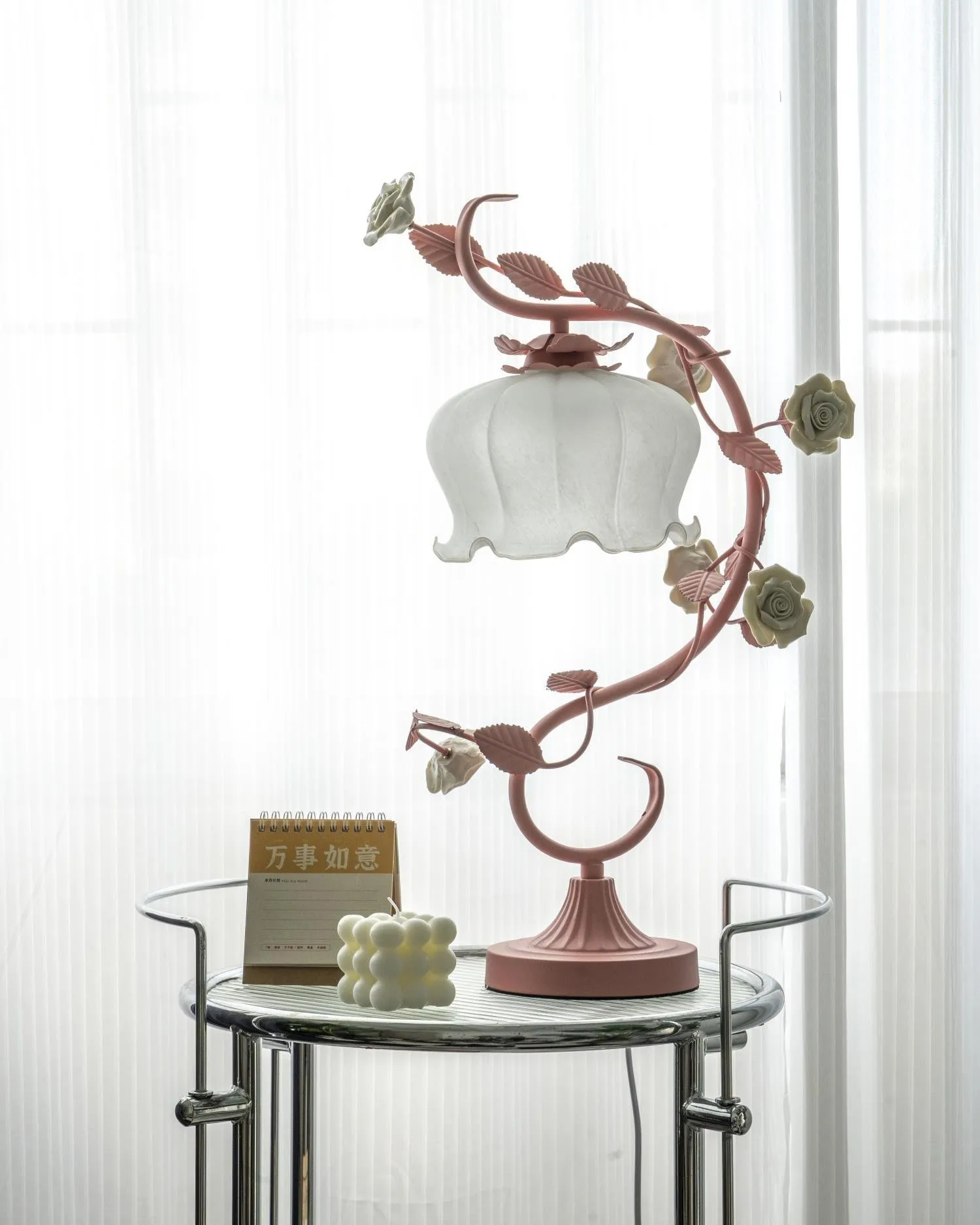 Green Pink White Rose Flower Table Lamp M209