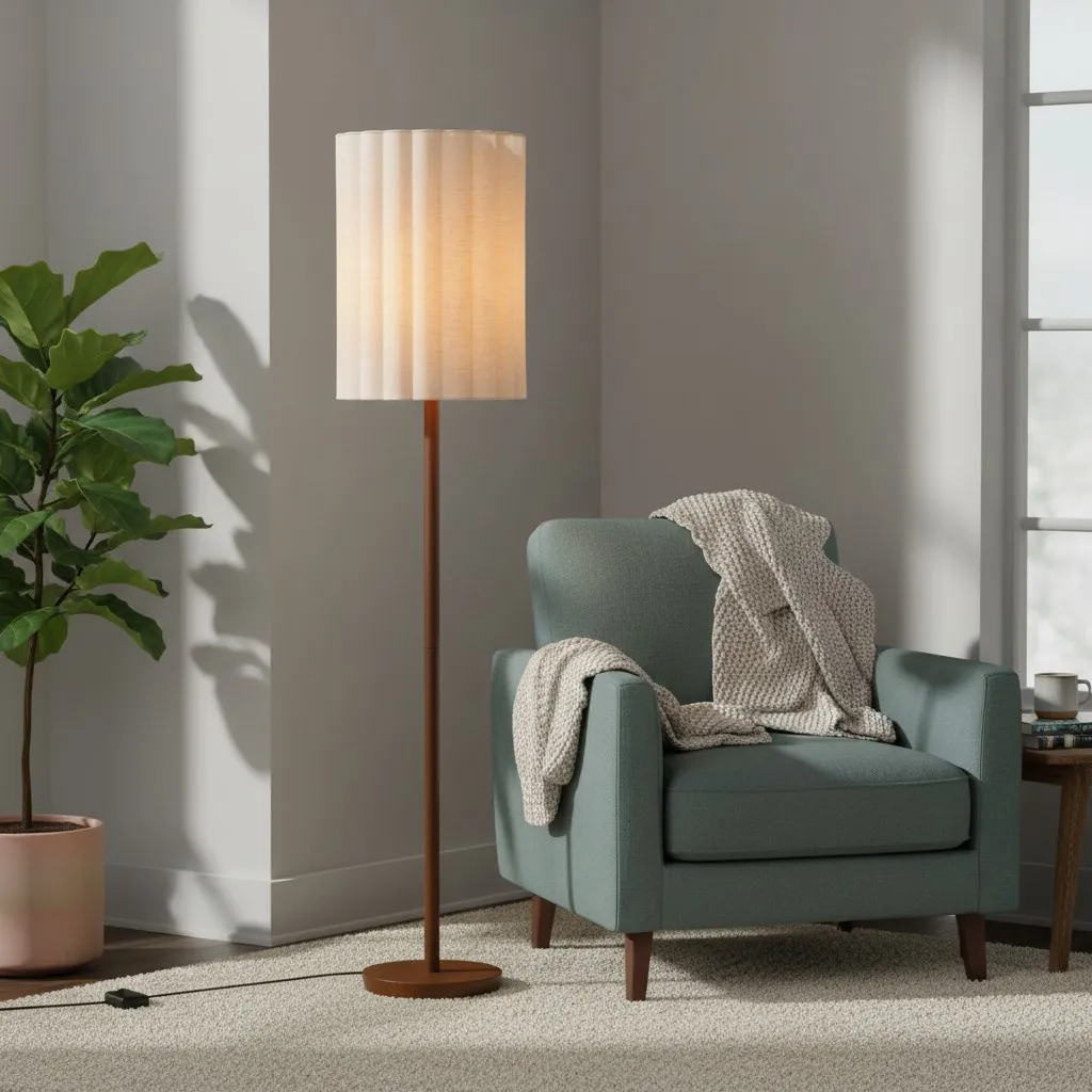 Linbron Walnut Wood Floor Lamp with Fluted Linen Shade - Modern Natural Home Decor T648