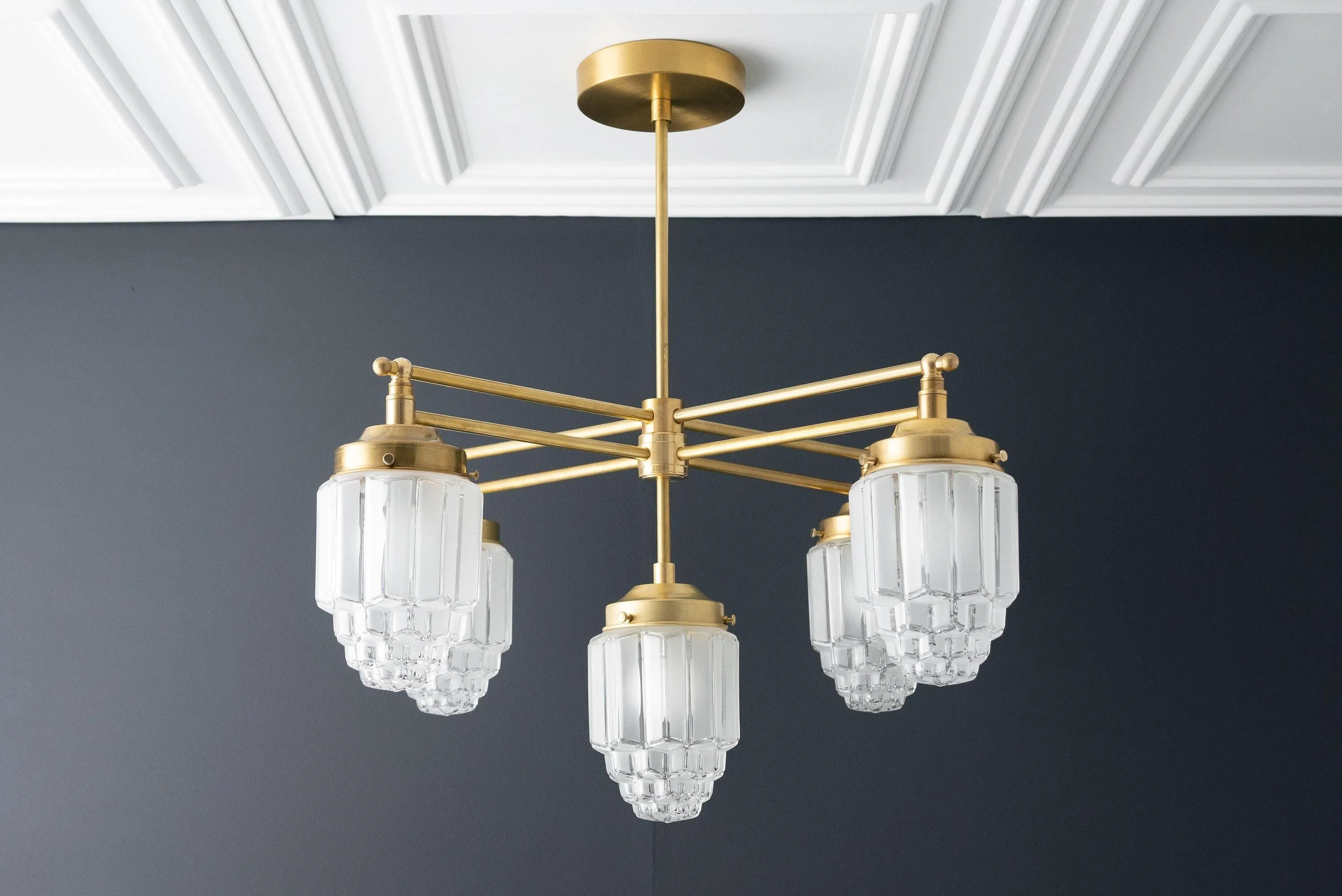 Tierlux Glass Chandelier – Vintage Brass Globe Lighting Fixture T357