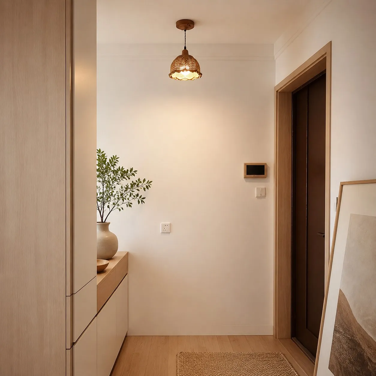 Woven pendant lamp in a calm entry space