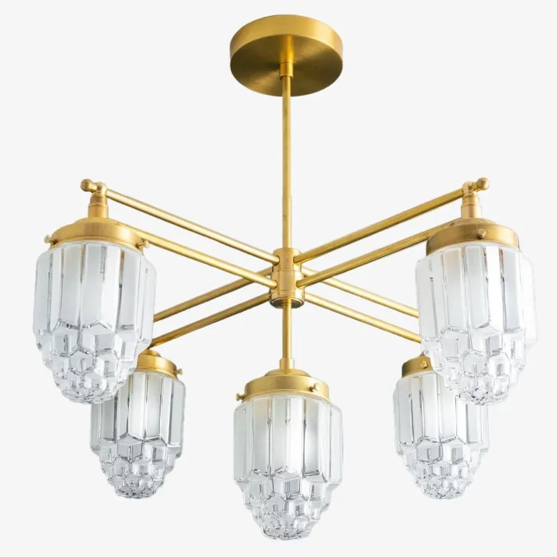 Tierlux Glass Chandelier – Vintage Brass Globe Lighting Fixture T357