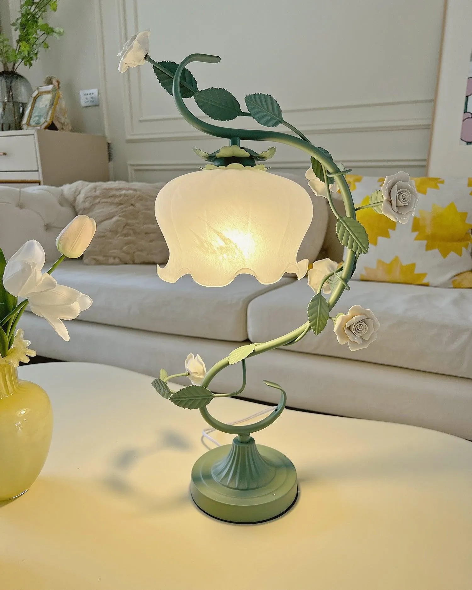 Green Pink White Rose Flower Table Lamp M209