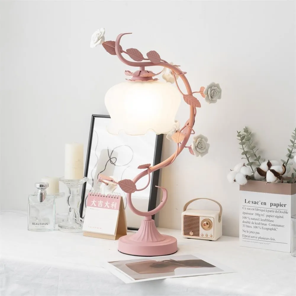 Green Pink White Rose Flower Table Lamp M209