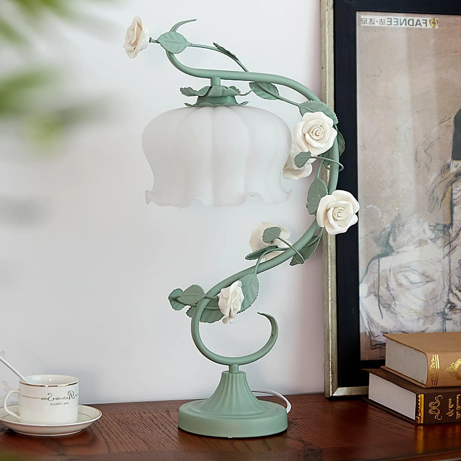 Green Pink White Rose Flower Table Lamp M209