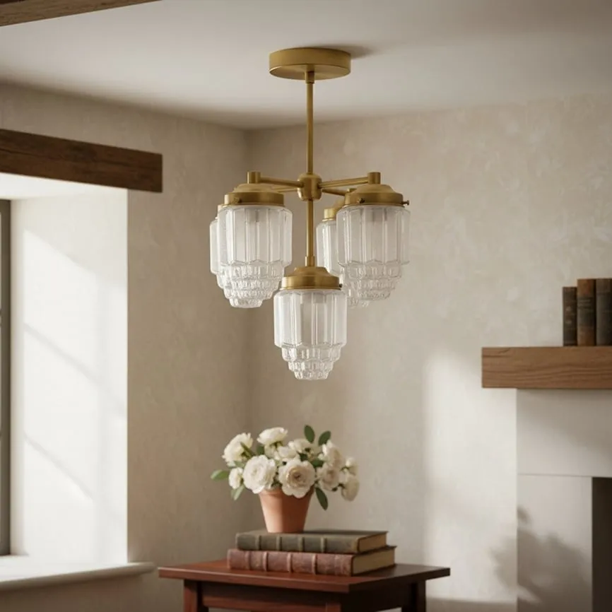 Tierlux Glass Chandelier – Vintage Brass Globe Lighting Fixture T357