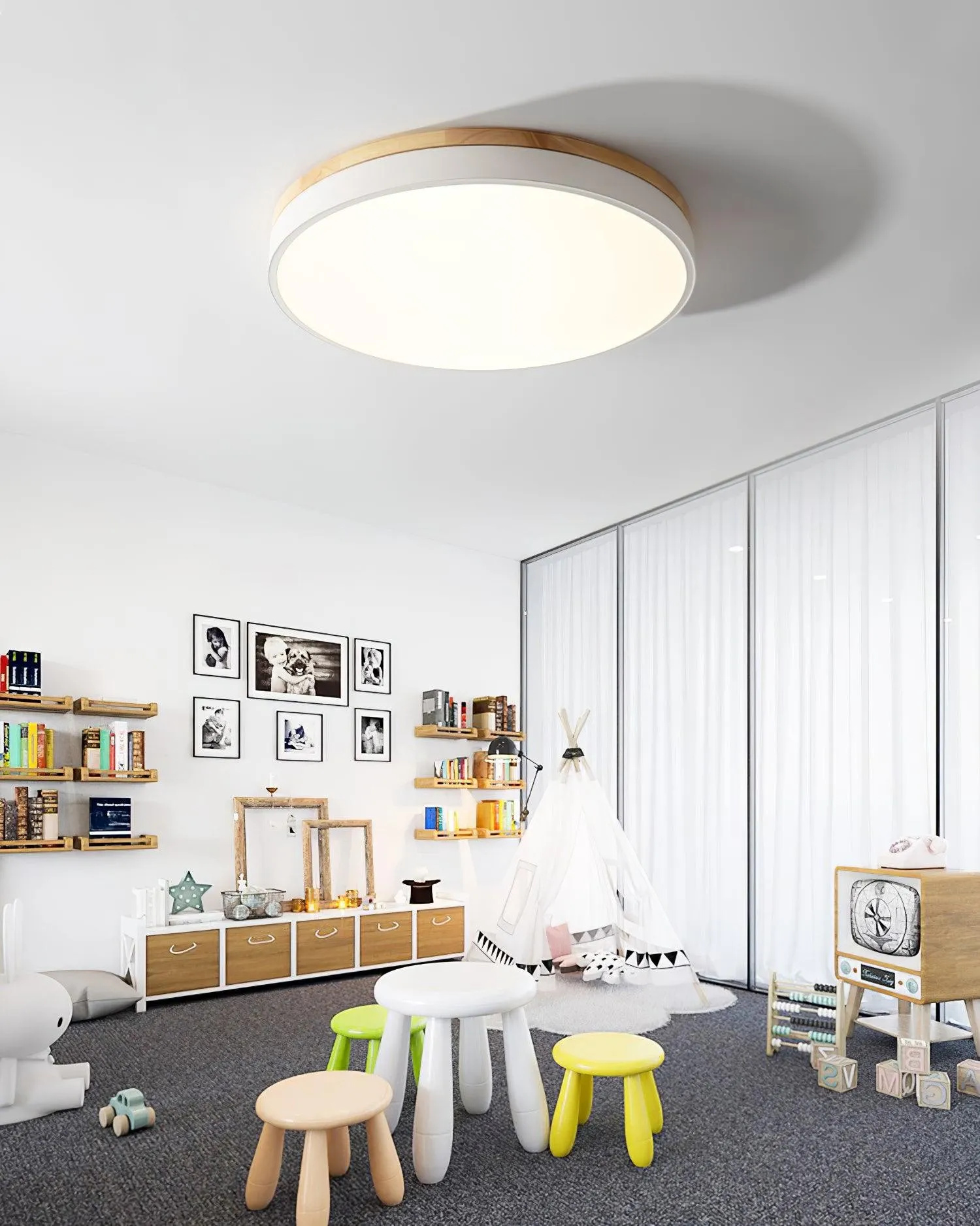 White Round Wooden Ceiling Lamp M298