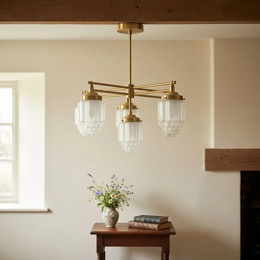 Tierlux Glass Chandelier – Vintage Brass Globe Lighting Fixture T357