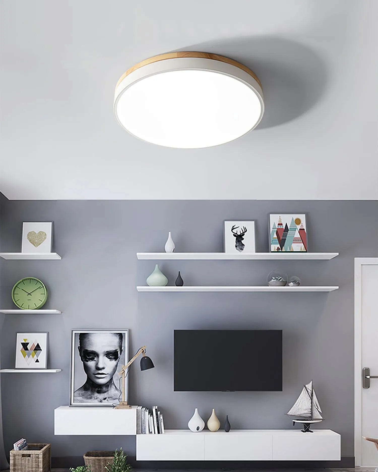 White Round Wooden Ceiling Lamp M298