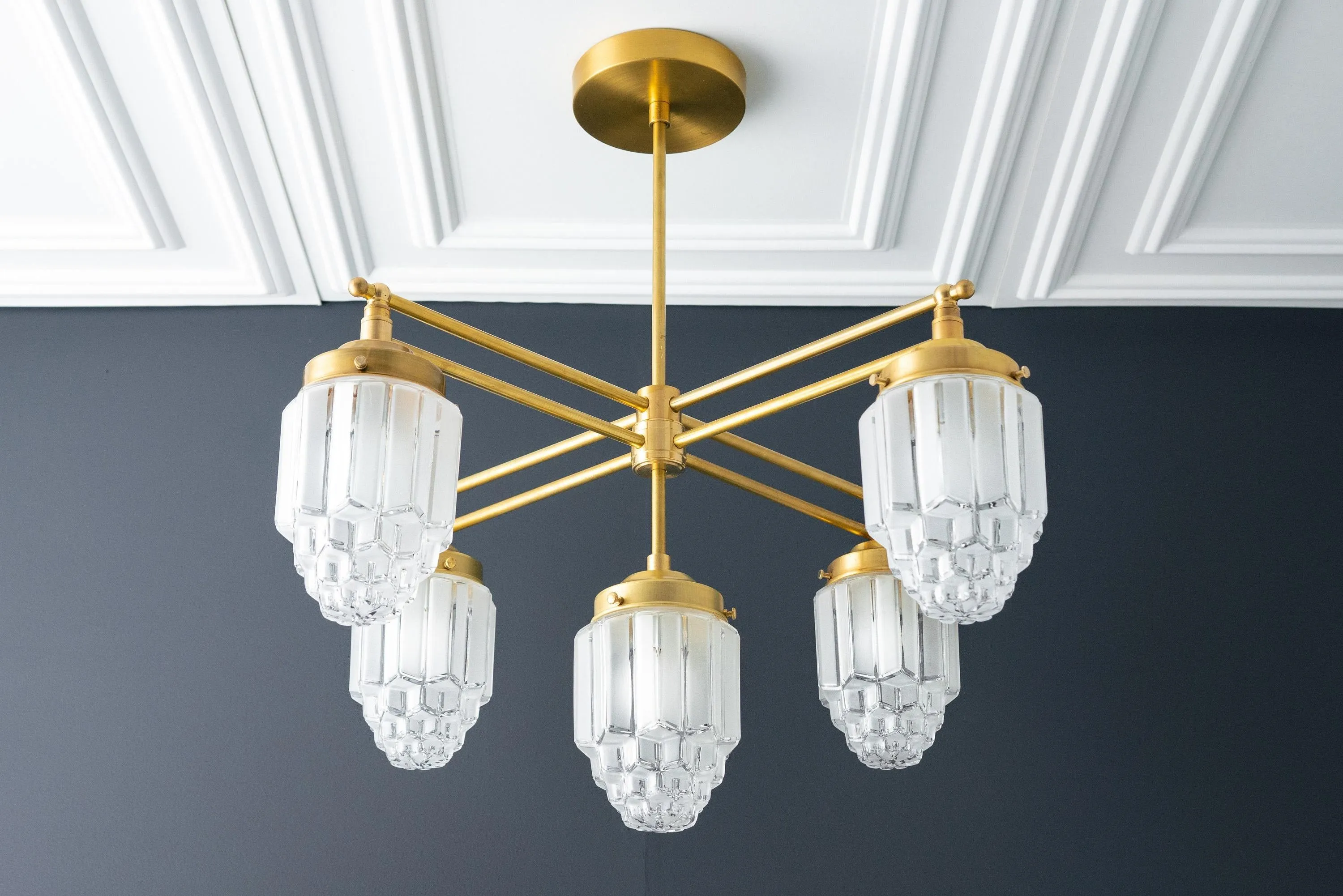Tierlux Glass Chandelier – Vintage Brass Globe Lighting Fixture T357