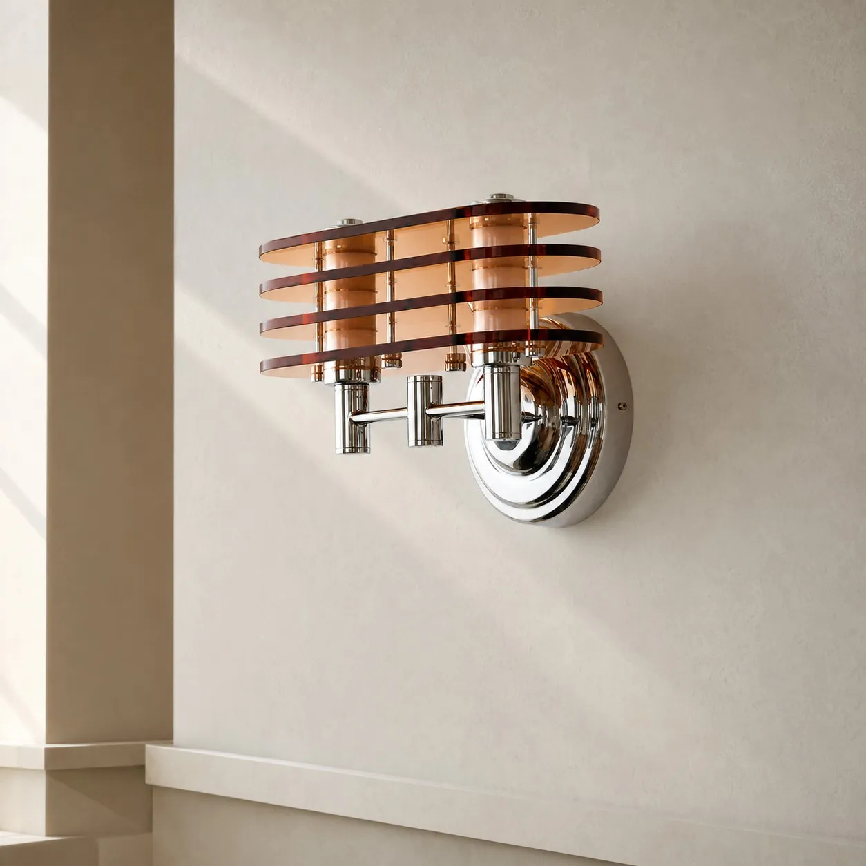 Bauhaus amber LED wall sconce installed in a minimalist hallway