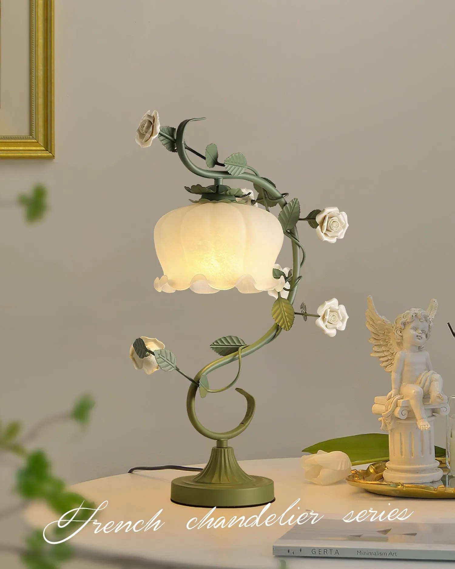 Green Pink White Rose Flower Table Lamp M209