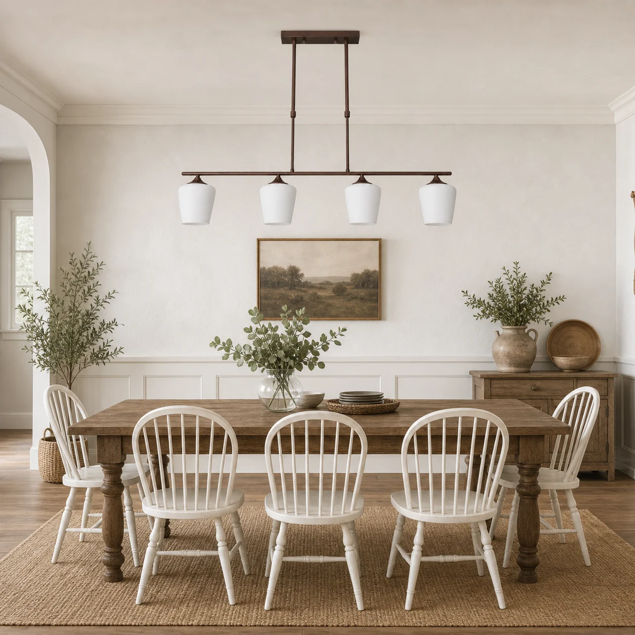 Strellux Coffee Brown chandelier over a farmhouse dining table