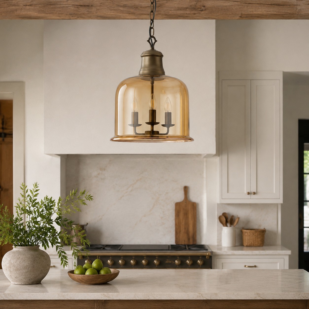 Golden brown glass pendant light in a kitchen