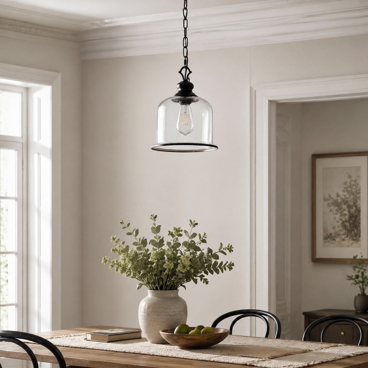 Vintage glass pendant light in a dining room