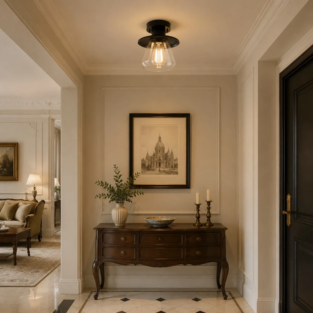 Black vintage glass ceiling light installed in an entry hallway